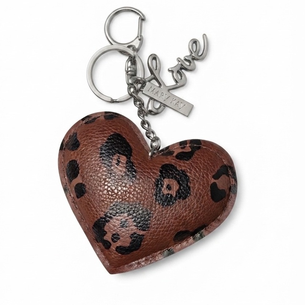 Mary Kay Leopard Print Heart Keychain Love Charm Silver Tone Bag Accessory Brown